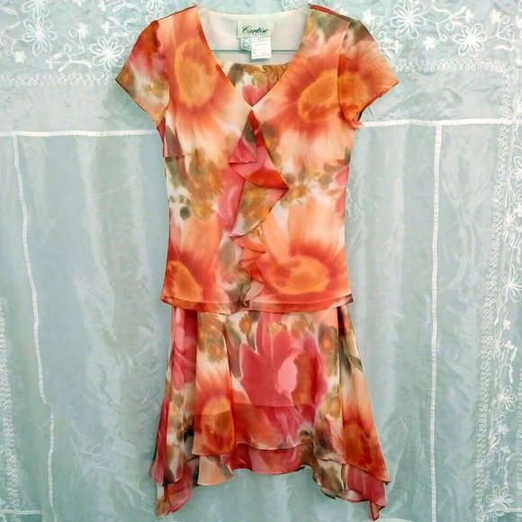 SALE! Chiffon Set: Floral Maxi Skirt & Blouse, Pink & Coral, Wedding Guest, 8 - Picture 2 of 7